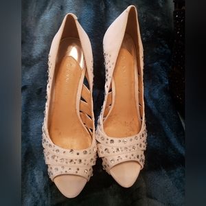 White Giani Bernini 3 inches  leather heels with rhinestone.